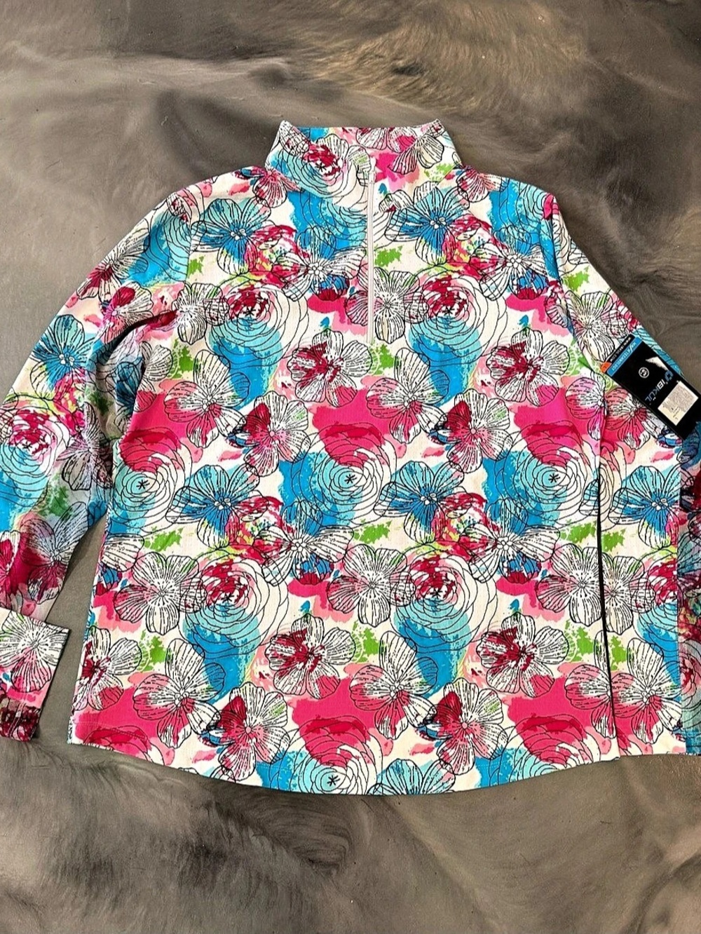 NWT IBKUL Printed Long Sleeve quarter zip. Floral Print